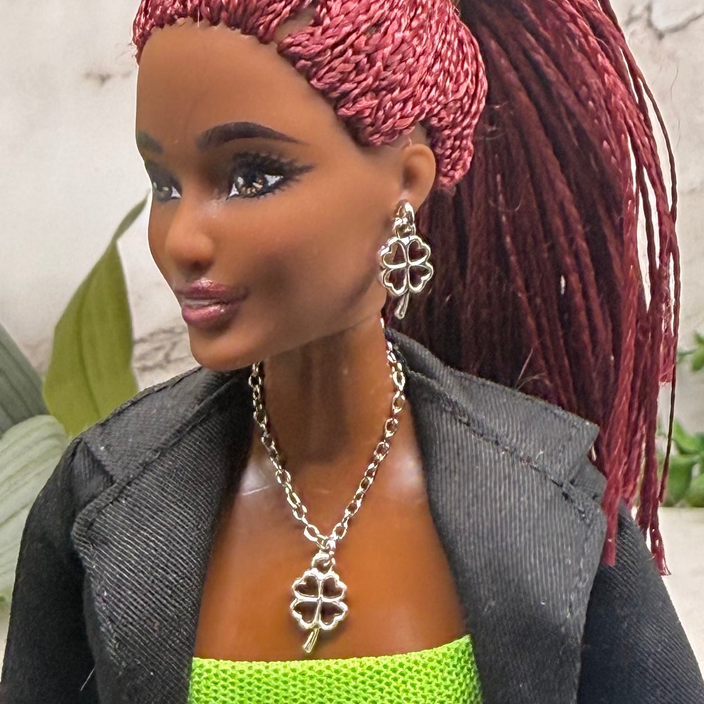 Silver Clover Shamrock Charm Doll Necklace & Earrings • 10-12 Inch Fashion Doll Jewelry 1:6