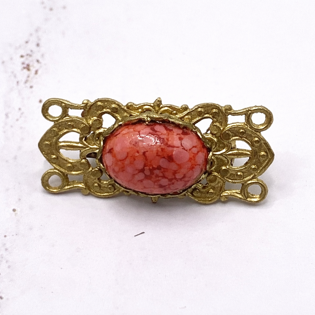 Gold Tone Filigree Design Rectangular Coral Accented Doll Pin • Doll Brooch