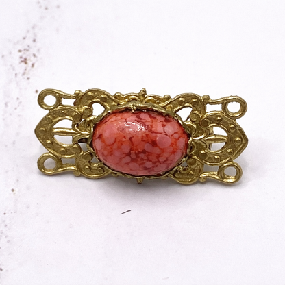 Gold Tone Filigree Design Rectangular Coral Accented Doll Pin • Doll Brooch