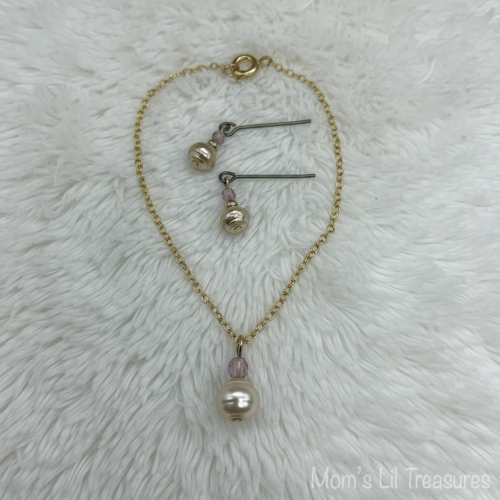 Pearl Pink Crystal Pendant Doll Necklace Earring Set for 18-22 Inch Vintage Doll