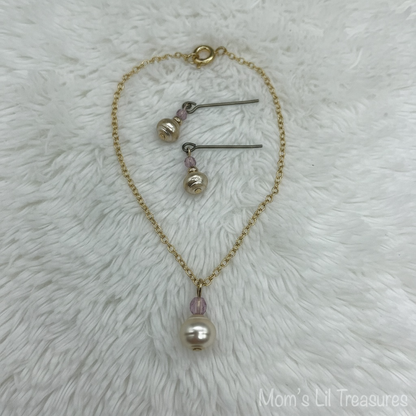 Pearl Pink Crystal Pendant Doll Necklace Earring Set for 18-22 Inch Vintage Doll