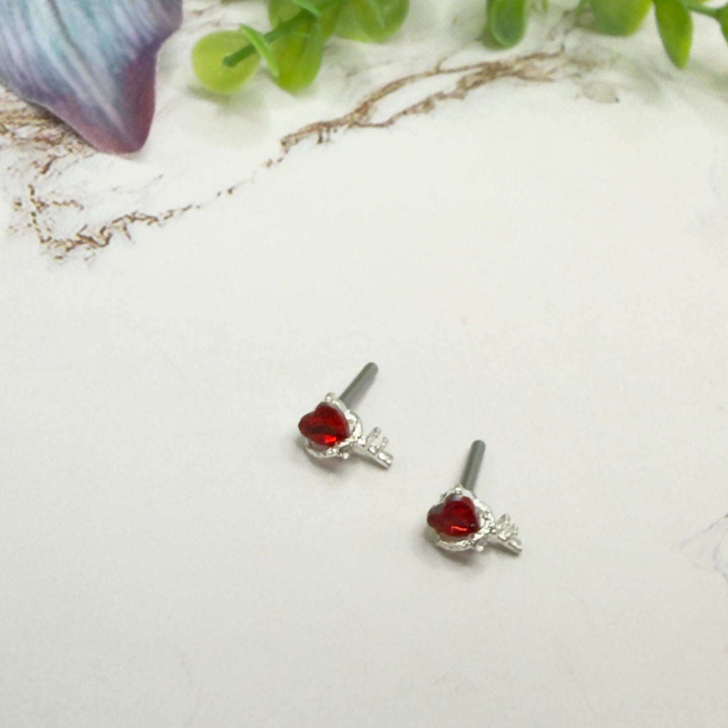 Red Rhinestone Heart Silver Key Post Doll Earrings • 2mm Post for 18 Inch Fashion Doll