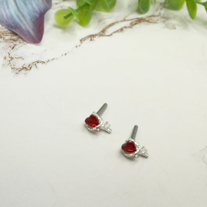 Red Rhinestone Heart Silver Key Post Doll Earrings • 2mm Post for 18 Inch Fashion Doll