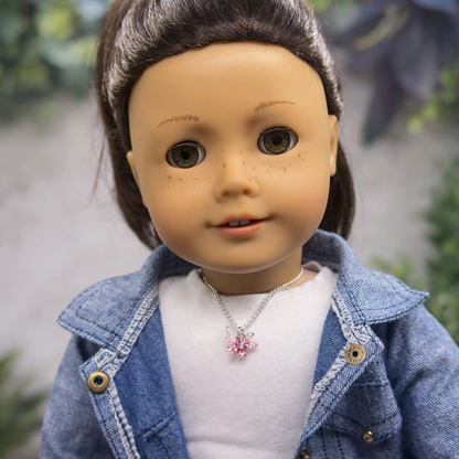 Pink White Glittery Acrylic Floral Butterfly Charm Silver Chain Doll Necklace • 18 Inch Fashion Doll Jewelry