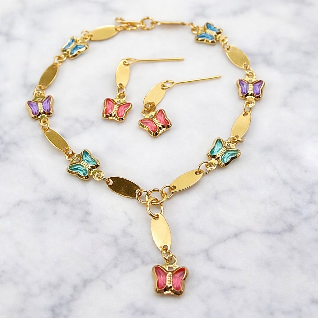Multi Color Acrylic Crystal Butterfly Charm Gold Oval Link Doll Necklace & Earrings Set for 18 Inch Fashion Dolls