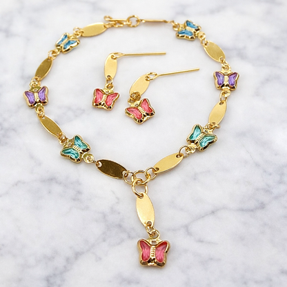 Multi Color Acrylic Crystal Butterfly Charm Gold Oval Link Doll Necklace & Earrings Set for 18 Inch Fashion Dolls