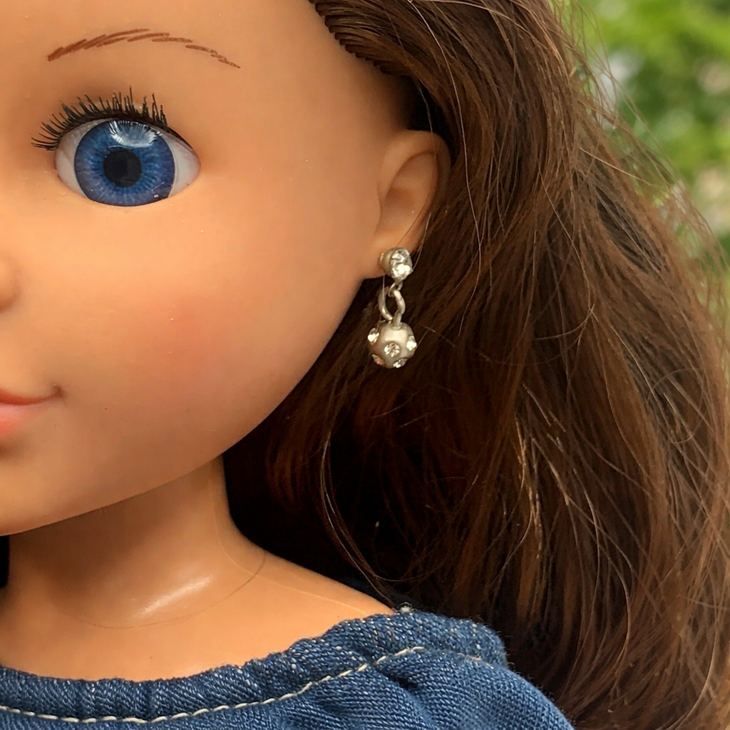 Silver Rhinestone Accented Ball Dangle Earrings • 14 Inch Doll Jewelry