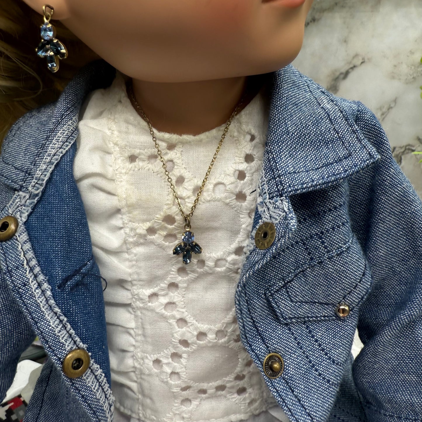 Blue Rhinestone Gold Tone Dangle Doll Earrings and Necklace Set • 18 Inch Fashion Doll Jewelry