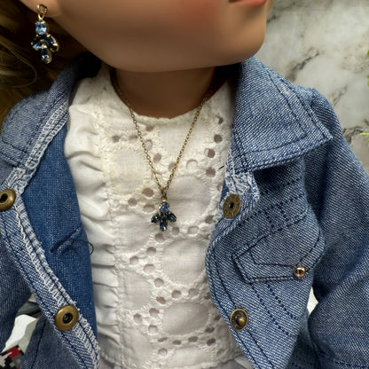 Blue Rhinestone Gold Tone Dangle Doll Earrings and Necklace Set • 18 Inch Fashion Doll Jewelry