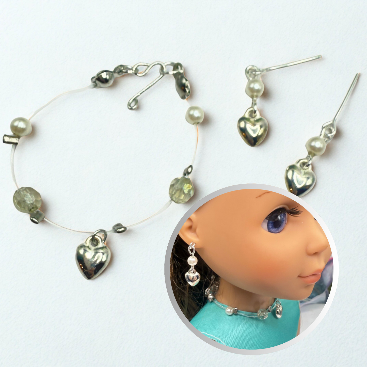 Silver Heart Charm Nylon String Pearl & Acrylic Crystal Necklace & Earrings • 14 Inch Fashion Doll Jewelry