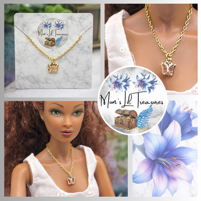 Peach Pink Acrylic Crystal Butterfly Gold Chain Doll Necklace for 16 Inch Fashion Dolls