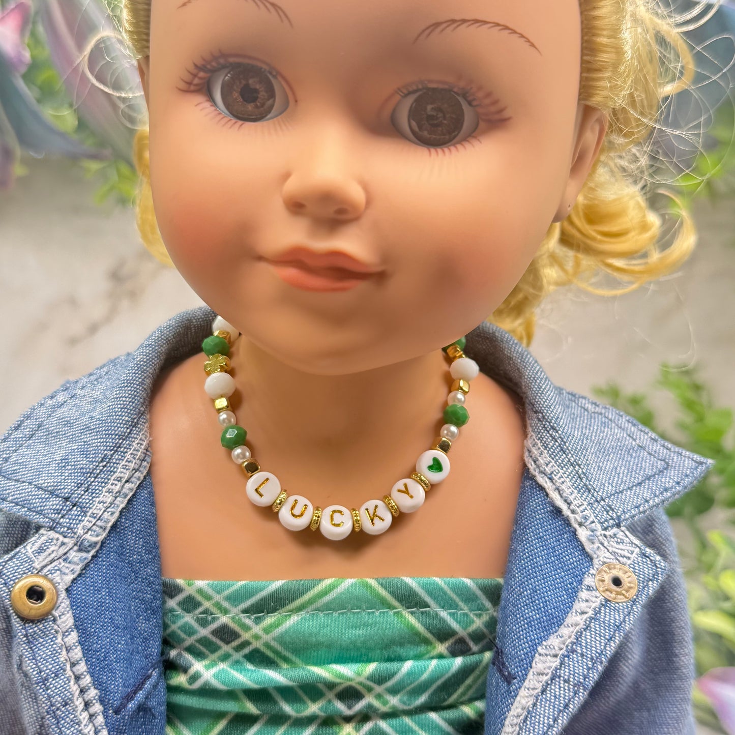 “Lucky” Green White Shamrock Beaded Doll Necklace • 18 Inch Fashion Doll Jewelry