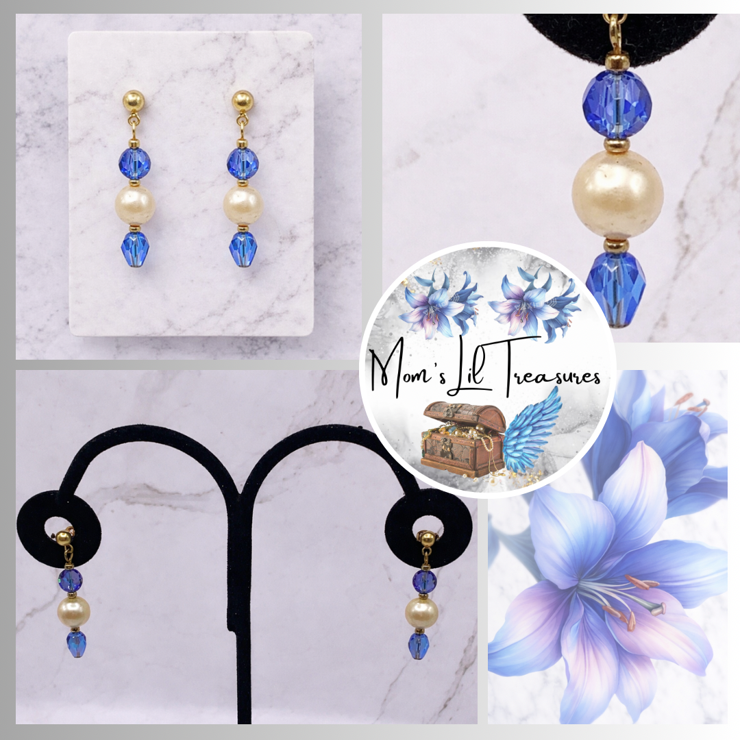 Pearl & Blue Crystal Drop Dangle Earrings - Gold Tone posts -  Handmade