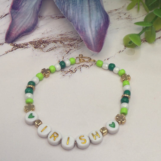 “IRISH” Green White Shamrock Beaded Doll Necklace • 18 Inch Fashion Doll Jewelry