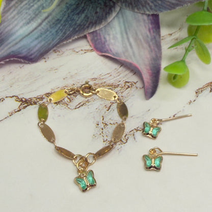 Teal Crystal Butterfly Charm Gold Oval Link Doll Necklace & Earrings • 14 Inch Fashion Doll Jewelry