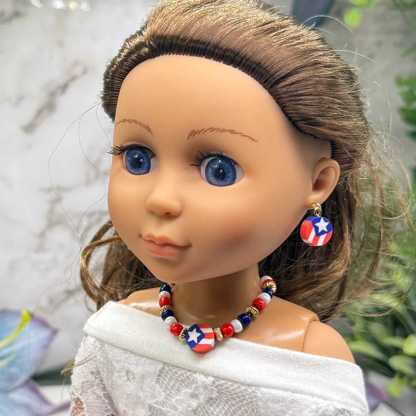 Red White Blue Americana Beaded Doll Necklace & Earrings Set for 14 Inch Fashion Doll