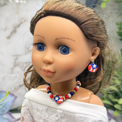 Red White Blue Americana Beaded Doll Necklace & Earrings Set for 14 Inch Fashion Doll