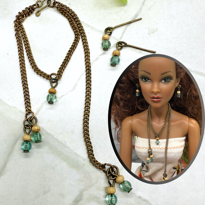 Blue Green Beige Beaded Dangle Doll Necklace Earring Set • 16 Inch Doll Jewelry