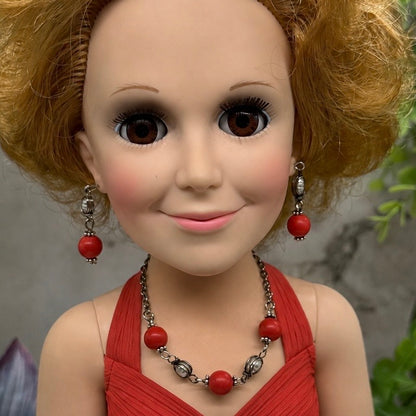 Candy Apple Red Pearl & Silver Doll Necklace & Earrings Set • 18 Inch Doll Jewelry