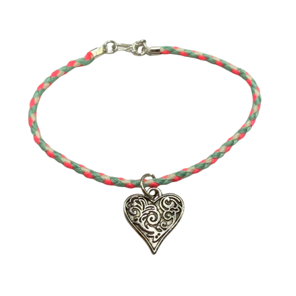 Pink Blue White Braided Thread Silver Heart yuhCharm Doll Necklace • 18 Inch Fashion Doll Jewelry