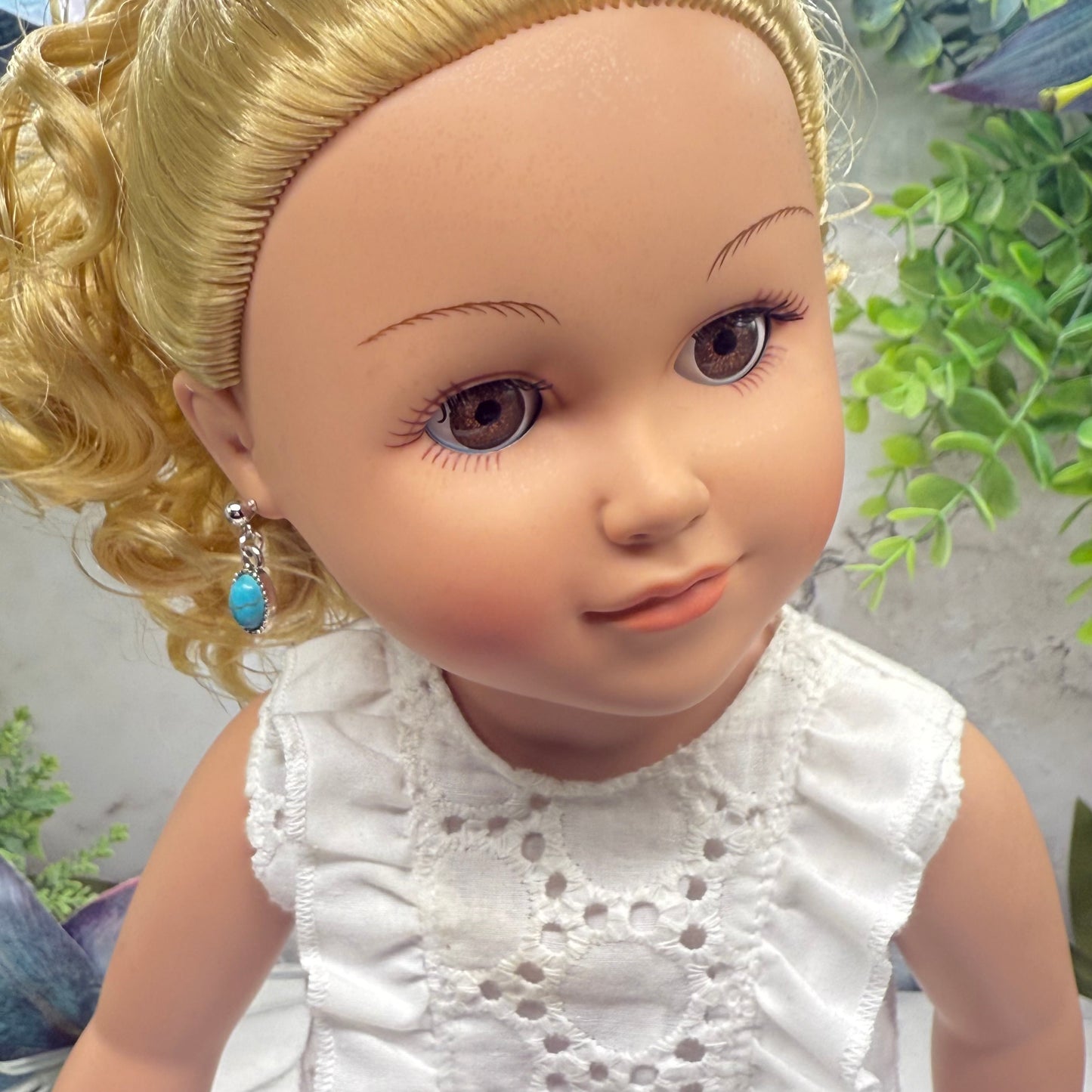 Oval Turquoise Dangle Silver Post Doll Earrings • 18 Inch Fashion Doll Jewelry