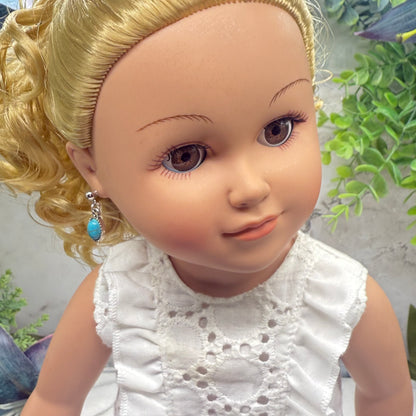 Oval Turquoise Dangle Silver Post Doll Earrings • 18 Inch Fashion Doll Jewelry