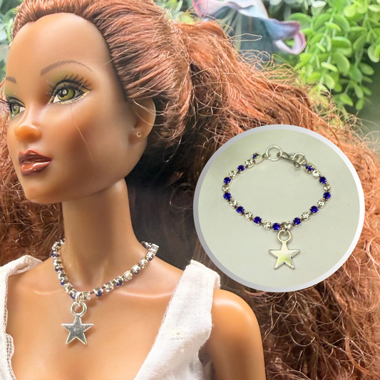Blue & Clear Rhinestone Silver Star Charm Doll Necklace for 16 Inch Fashion Doll