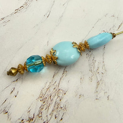 Robin’s Egg Blue Aqua Glass Bead Gold Filigree - 8 Inch Hatpin