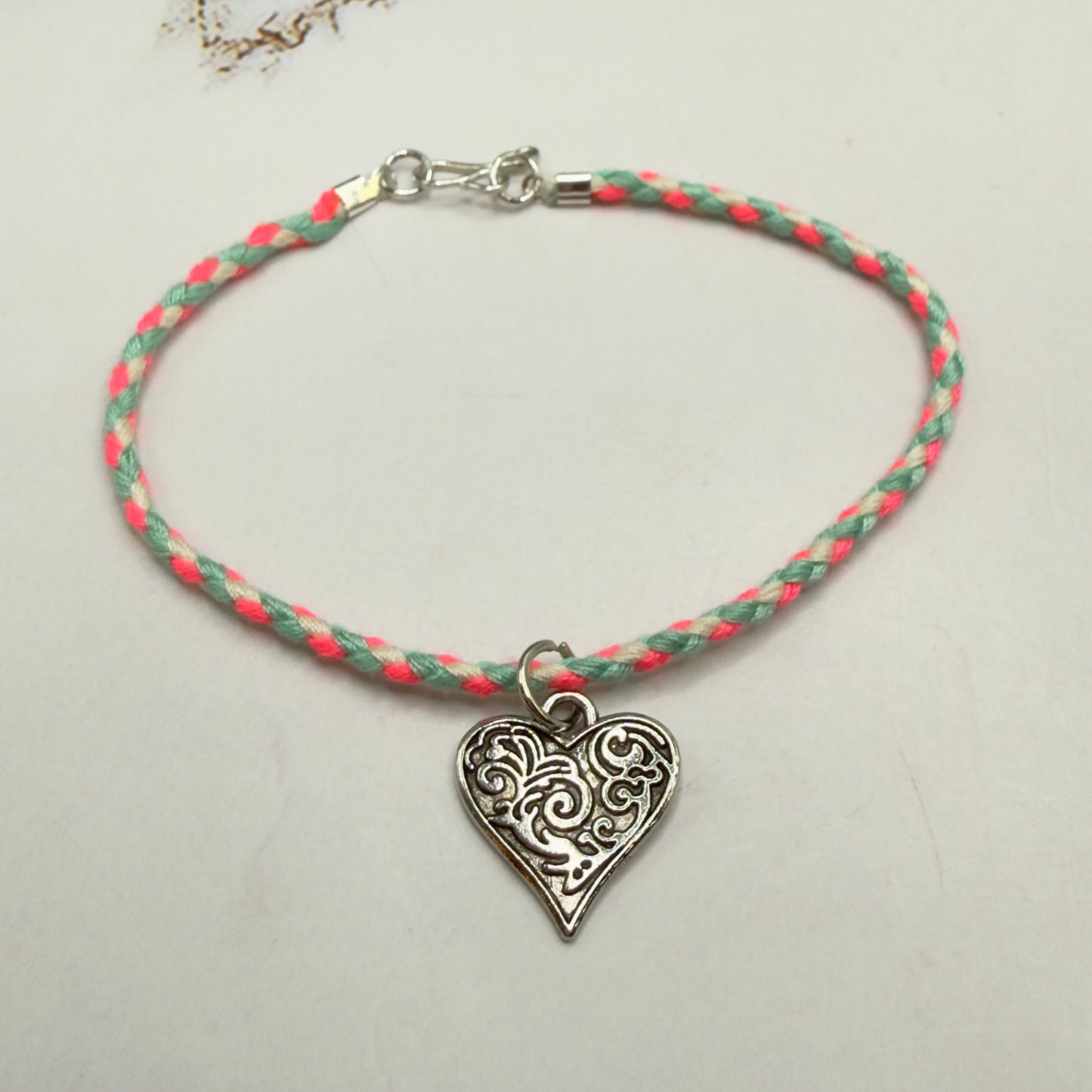 Pink Blue White Braided Thread Silver Heart yuhCharm Doll Necklace • 18 Inch Fashion Doll Jewelry