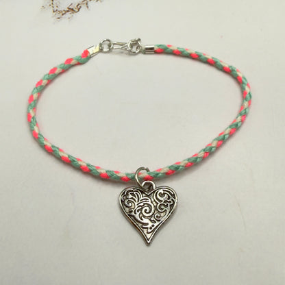 Pink Blue White Braided Thread Silver Heart yuhCharm Doll Necklace • 18 Inch Fashion Doll Jewelry