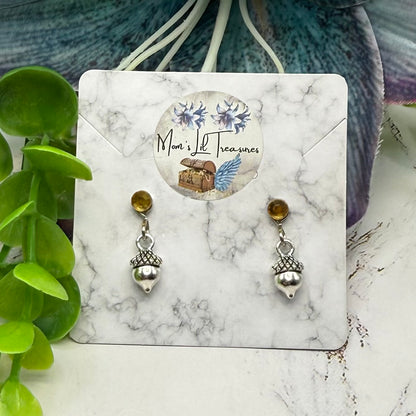 Silver Acorn Harvest Autumn Charm Yellow Rhinestone 2mm Post Doll Earrings | fits 18 Inch Dolls • American Girl