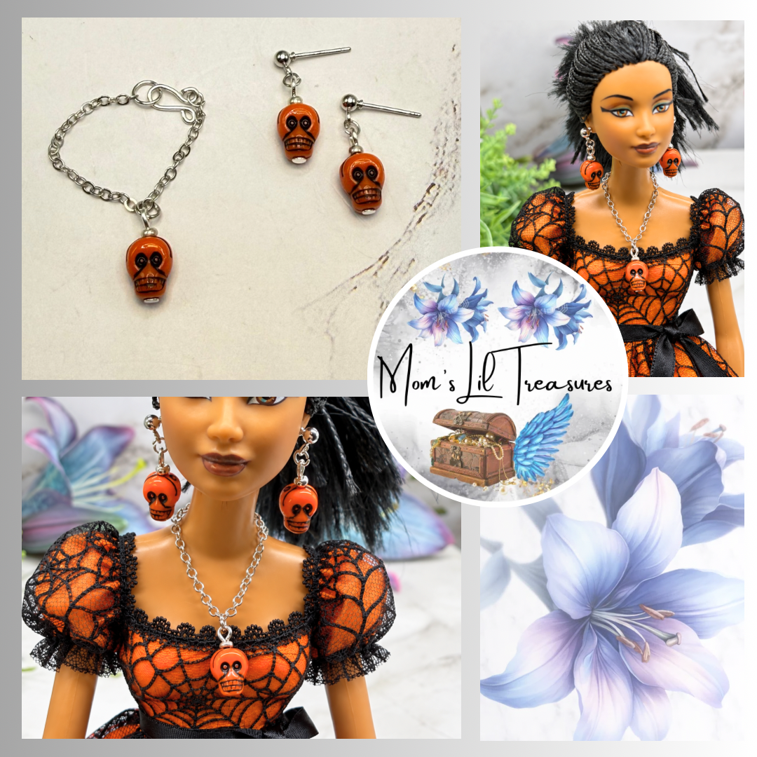 Orange Skull Halloween Necklace and Earrings |for 10-12 Inch Fashion Doll • 1:6 Scale