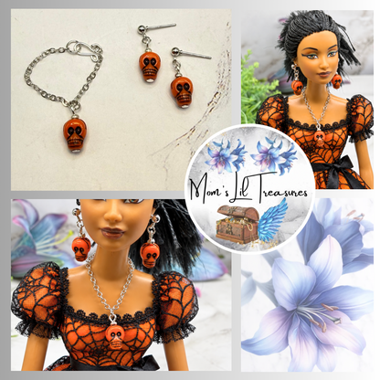 Orange Skull Halloween Necklace and Earrings |for 10-12 Inch Fashion Doll • 1:6 Scale