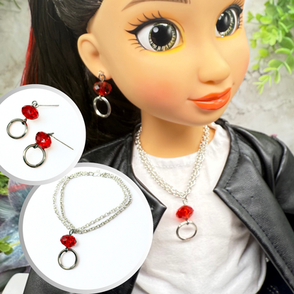 Red Acrylic Crystal Silver Circle Dangle Doll Necklace & Earrings • 18 Inch Fashion Doll Jewelry