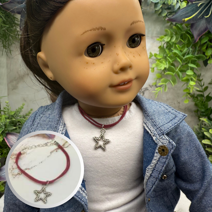 Silver Star Pendant Dark Burgundy Wine Red Fabric Cord Doll Necklace • 18 Inch Fashion Doll Jewelry