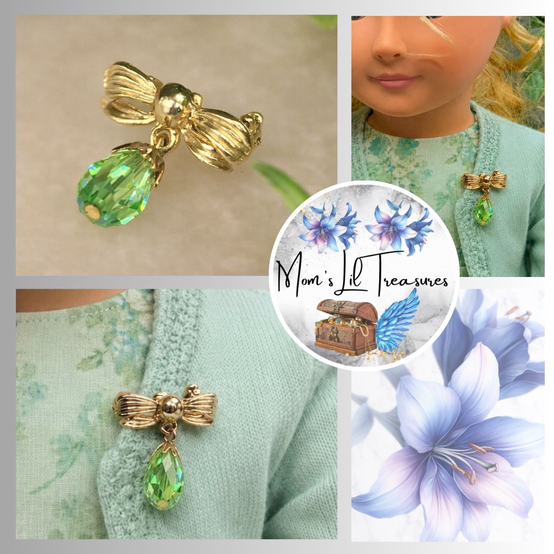 Green Glass Crystal Dangle Gold Bow Doll Pin Brooch