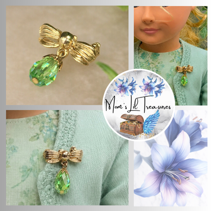Green Glass Crystal Dangle Gold Bow Doll Pin Brooch