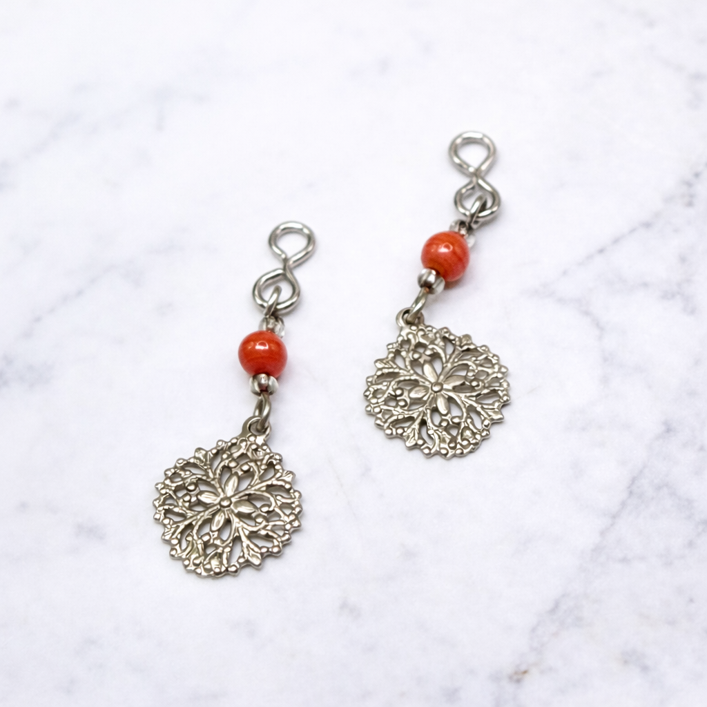 Dark Orange Bead with Silver Filigree Dangle Doll Earring DANGLE ONLY fits 2mm post for 18 Inch Fashion Dolls