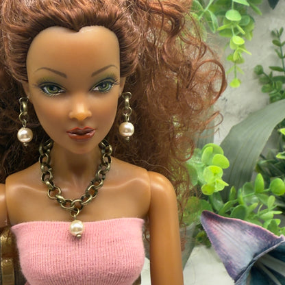 Brass Bronze Large Link Pearl Dangle Doll Necklace & Earrings Set • 16 Inch Fashion Doll Jewelry