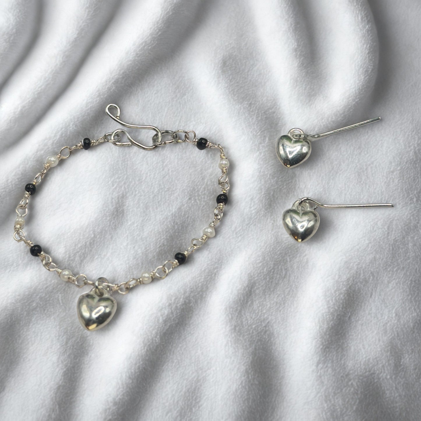 Black & Pearl Beaded Silver Heart Charm Doll Necklace & Earrings • 14 Inch Fashion Doll Jewelry