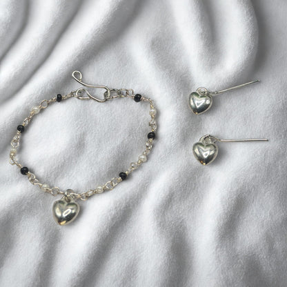 Black & Pearl Beaded Silver Heart Charm Doll Necklace & Earrings • 14 Inch Fashion Doll Jewelry