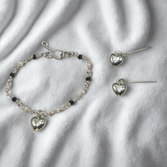 Black & Pearl Beaded Silver Heart Charm Doll Necklace & Earrings • 14 Inch Fashion Doll Jewelry
