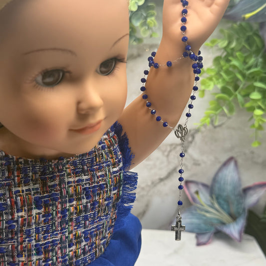 Dark Blue Glass Crystal Beaded Silver Cross • Doll Size Catholic Rosary