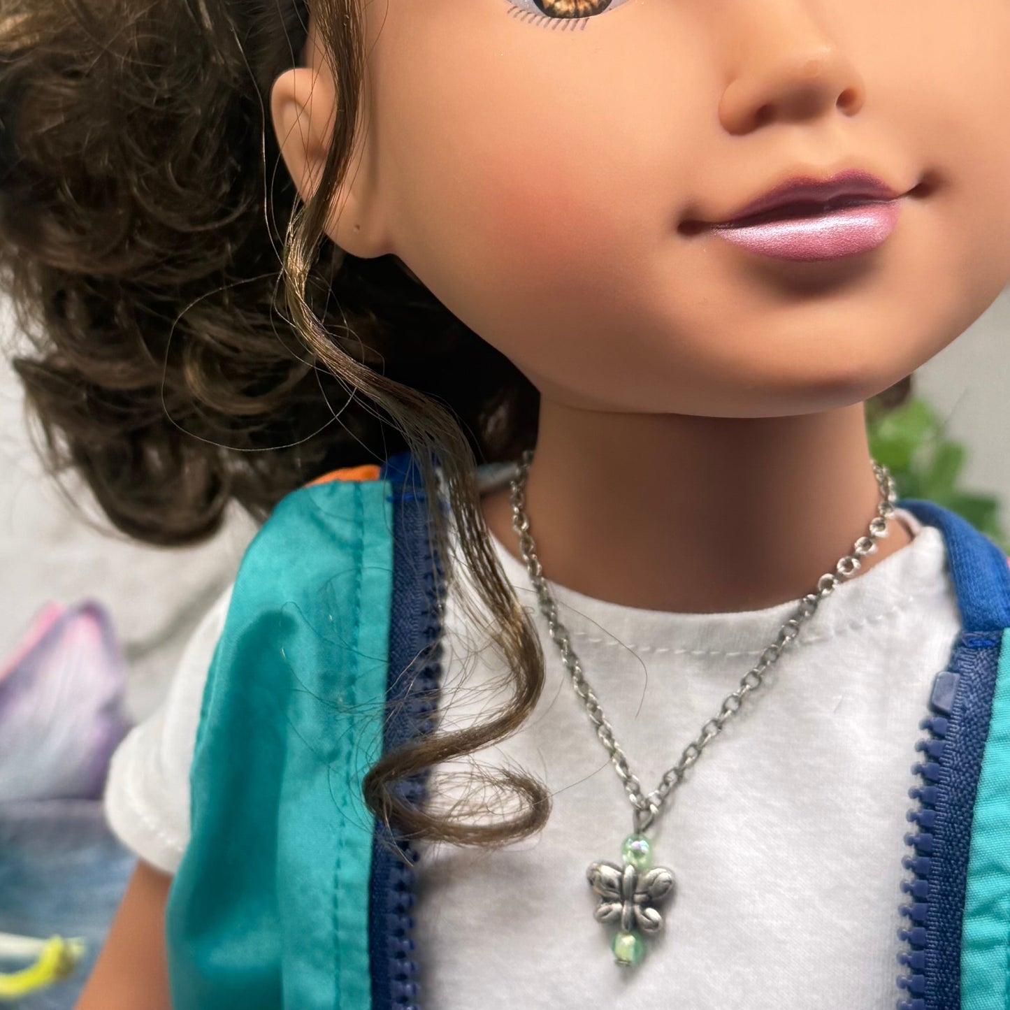 Butterfly Charm Green Bead Accents Silver Chain Doll Necklace • 18 Inch Fashion Doll Jewelry