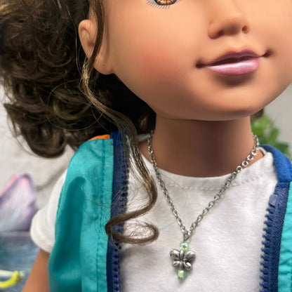 Butterfly Charm Green Bead Accents Silver Chain Doll Necklace • 18 Inch Fashion Doll Jewelry