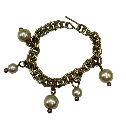 Gold Brass Tone Chain Pearl Dangles Doll Charm Bracelet • 18 Inch Fashion Doll Jewelry