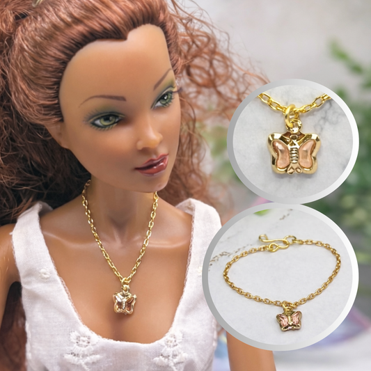 Peach Pink Acrylic Crystal Butterfly Gold Chain Doll Necklace for 16 Inch Fashion Dolls
