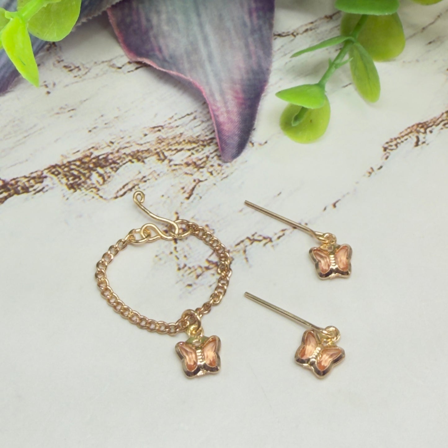 Peach Pink Crystal Butterfly Gold Chain Doll Necklace & Earrings • 10-12 Inch Fashion Doll Jewelry 1:6