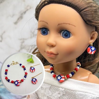 Red White Blue Americana Beaded Doll Necklace & Earrings Set for 14 Inch Fashion Doll