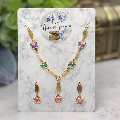 Multi Color Acrylic Crystal Butterfly Charm Gold Oval Link Doll Necklace & Earrings Set for 18 Inch Fashion Dolls
